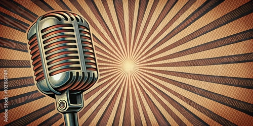 A Vintage Microphone Against a Sunburst Background with Detailed Retro Design Elements