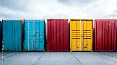 A row of colorful shipping containers stands against a cloudy sky, showcasing blue, red, yellow, and green hues, adding a vibrant touch to an industrial setting. photo