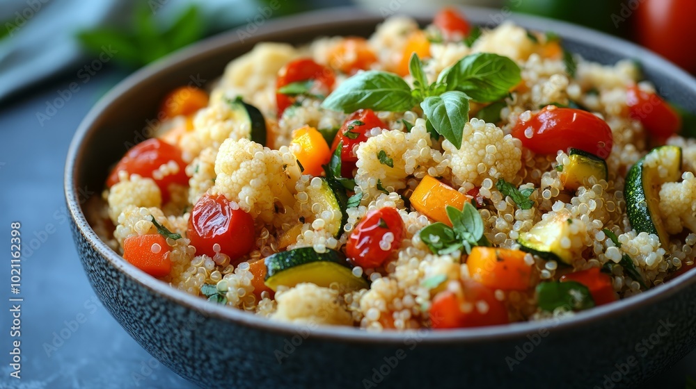 A bowl of quinoa salad with cherry tomatoes, zucchini, cauliflower and basil. A bowl of quinoa salad with cherry tomatoes, zucchini, cauliflower and basil.