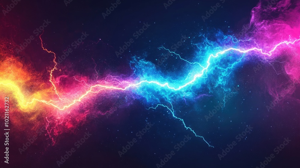 Vibrant electric lightning bolt with colors of blue, pink, and orange against a dark cosmic background. Vibrant electric lightning bolt with colors of blue, pink, and orange against a dark cosmic background.