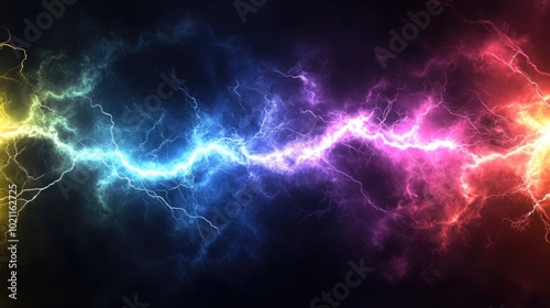 Colorful electric lightning bolts intertwining in a dynamic display of energy.