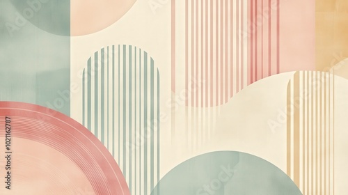 Abstract geometric pattern with pastel circles and stripes in a soothing palette.