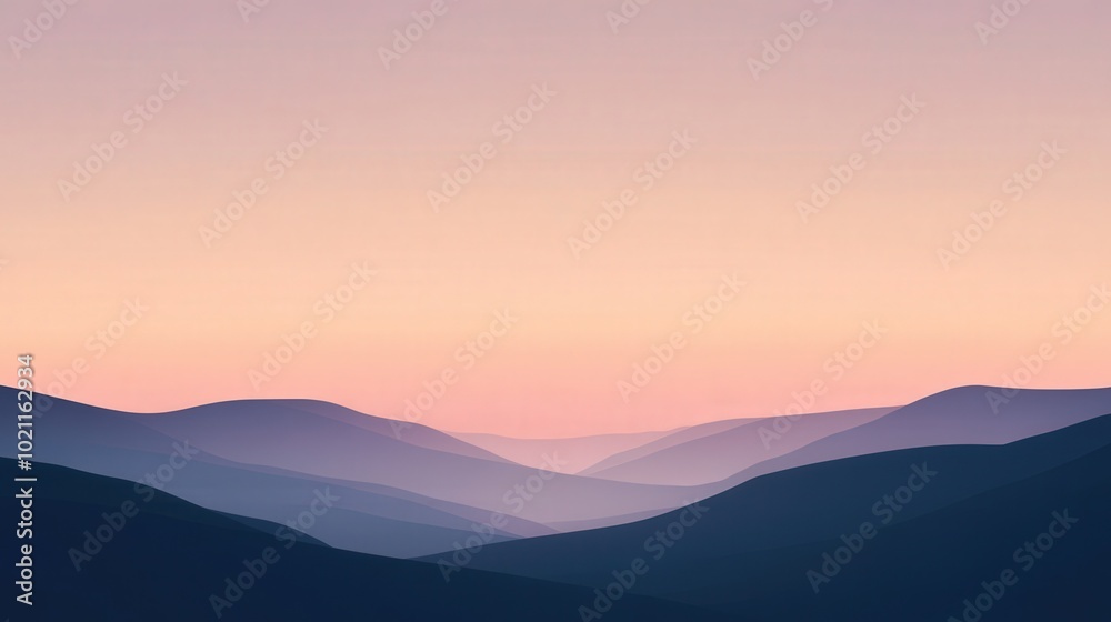 Obraz premium Serene landscape of rolling hills under a pastel sunrise sky, creating a peaceful and tranquil atmosphere.