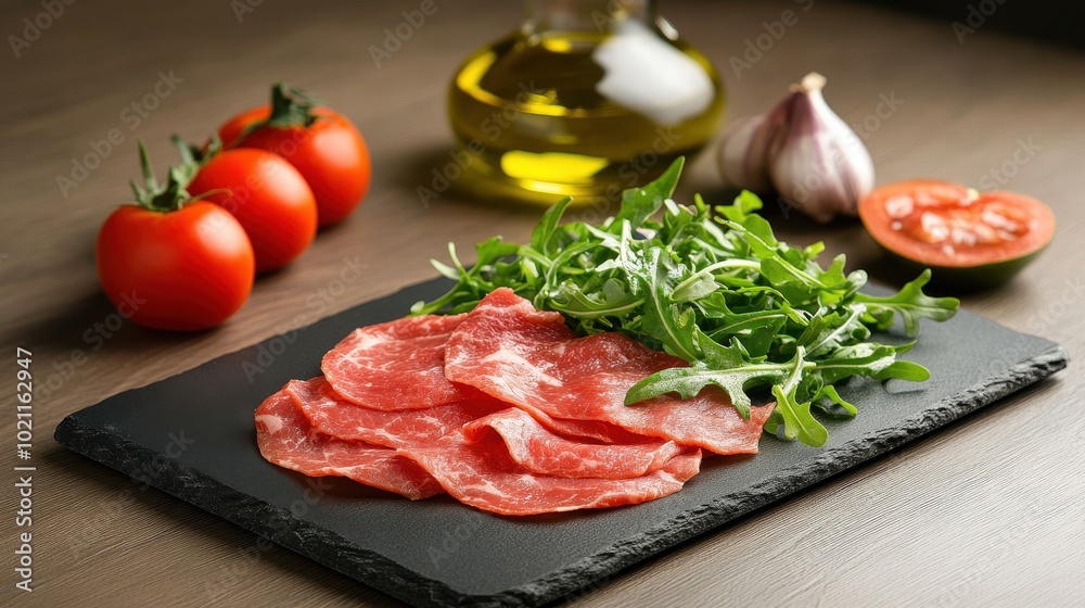 Beef carpaccio served on a slate platter, drizzled with olive oil and garnished with arugula Beef carpaccio served on a slate platter, drizzled with olive oil and garnished with arugula