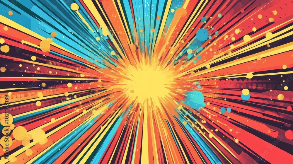 Fototapeta premium Colorful abstract explosion with vibrant blue, red, and yellow rays emanating from a central bright spot.