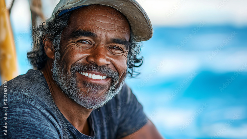 Pacific Islander Fisherman - smiling man, portrait, fisherman, ocean, outdoor, nature, adult, beach, happiness, sea, lifestyle, cheerful, mature man, casual clothes, sunny day Pacific Islander Fisherman - smiling man, portrait, fisherman, ocean, outdoor, nature, adult, beach, happiness, sea, lifestyle, cheerful, mature man, casual clothes, sunny day