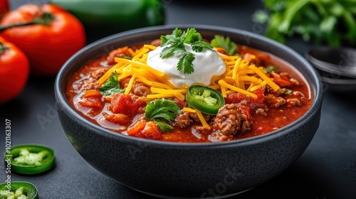 Beef chili served in a bowl with a dollop of sour cream, cheddar cheese, and jalapenos