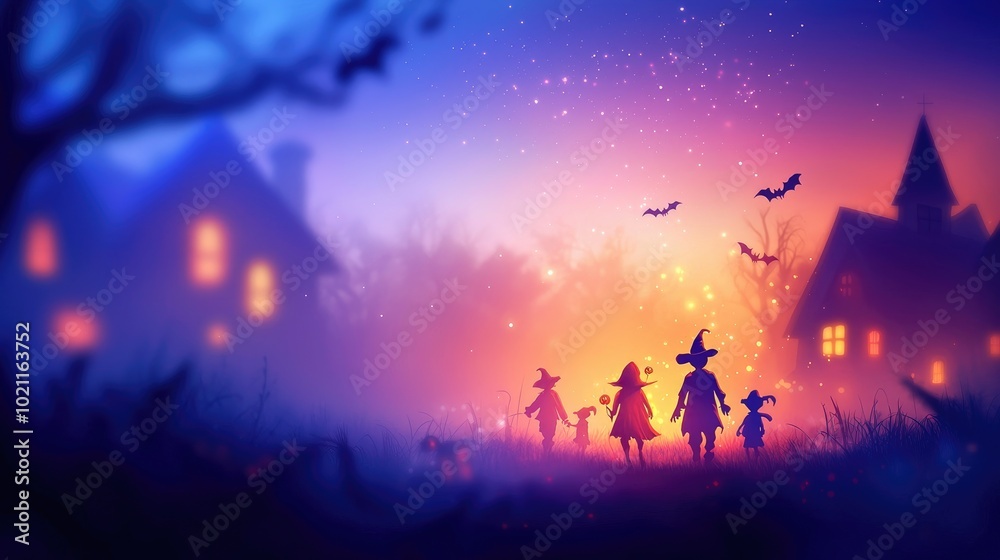 Fototapeta premium Colorful Halloween Group of Children in Costumes