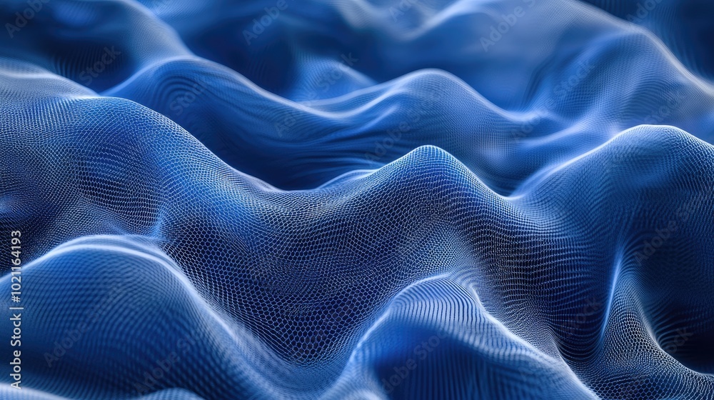 Abstract blue wavy surface with a mesh-like texture, creating a sense of depth and movement. Abstract blue wavy surface with a mesh-like texture, creating a sense of depth and movement.