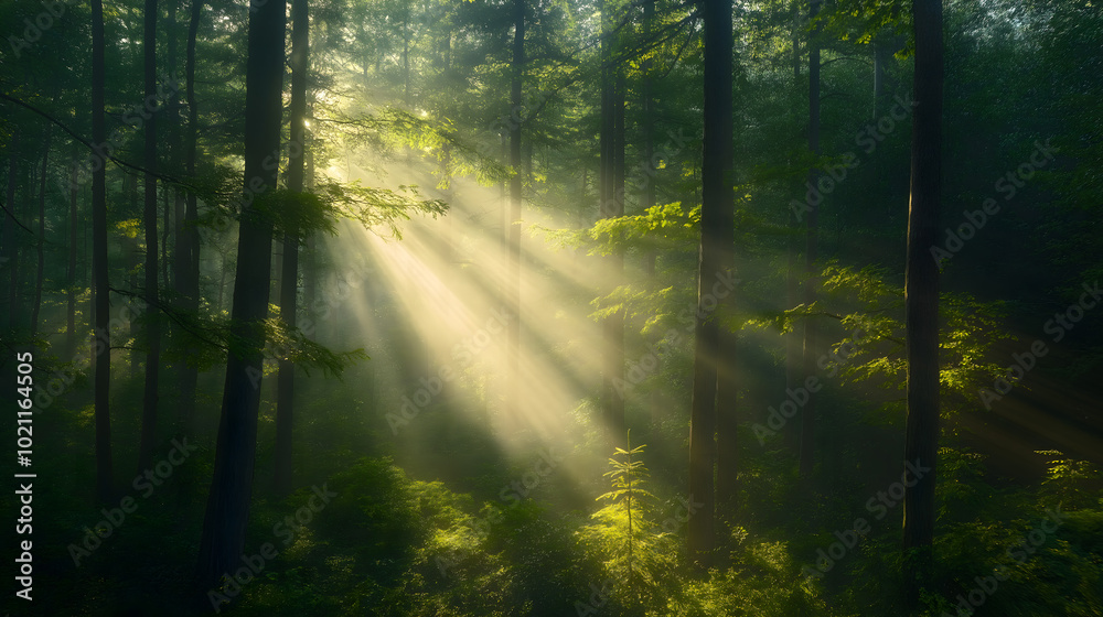 Fototapeta premium 清晨阳光透过绿色茂密的森林