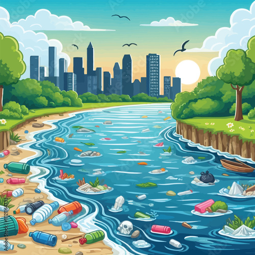outdoor scene where a river flows past a city skyline, with industrial waste illustration 
