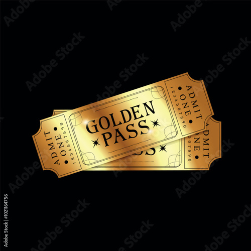 Two shiny golden pass tickets on black background. Vector illustration