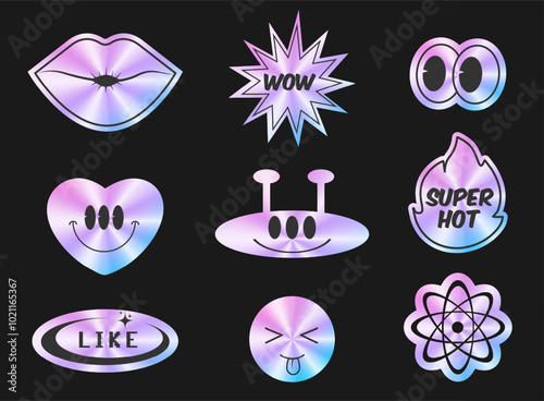 Y2K retro hologram sticker set. Holographic label collection.