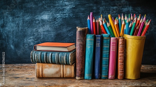 Stack of Vintage Books and Colored Pencils in a Yellow Holder