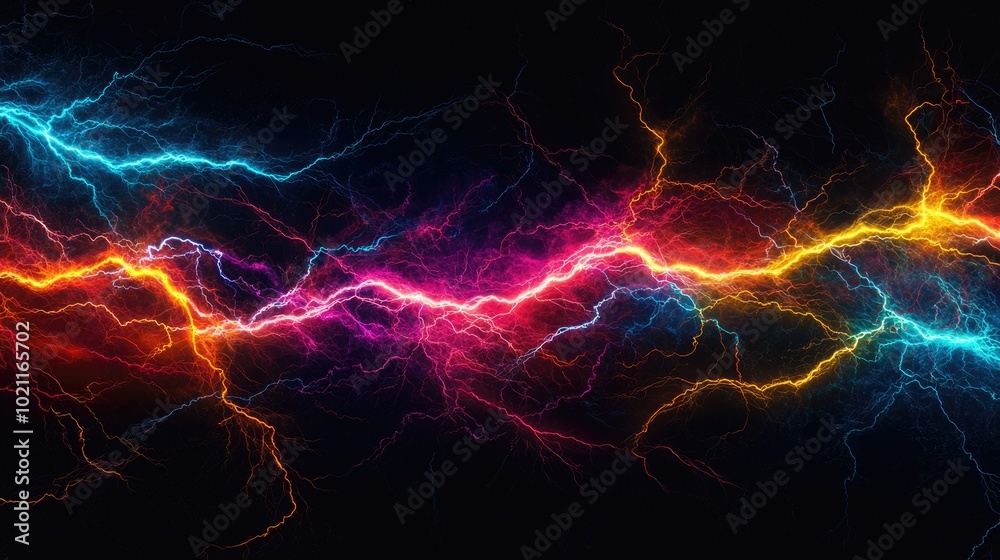 A dynamic display of colorful electric sparks in vibrant blue, pink, orange, and yellow hues against a dark background. A dynamic display of colorful electric sparks in vibrant blue, pink, orange, and yellow hues against a dark background.