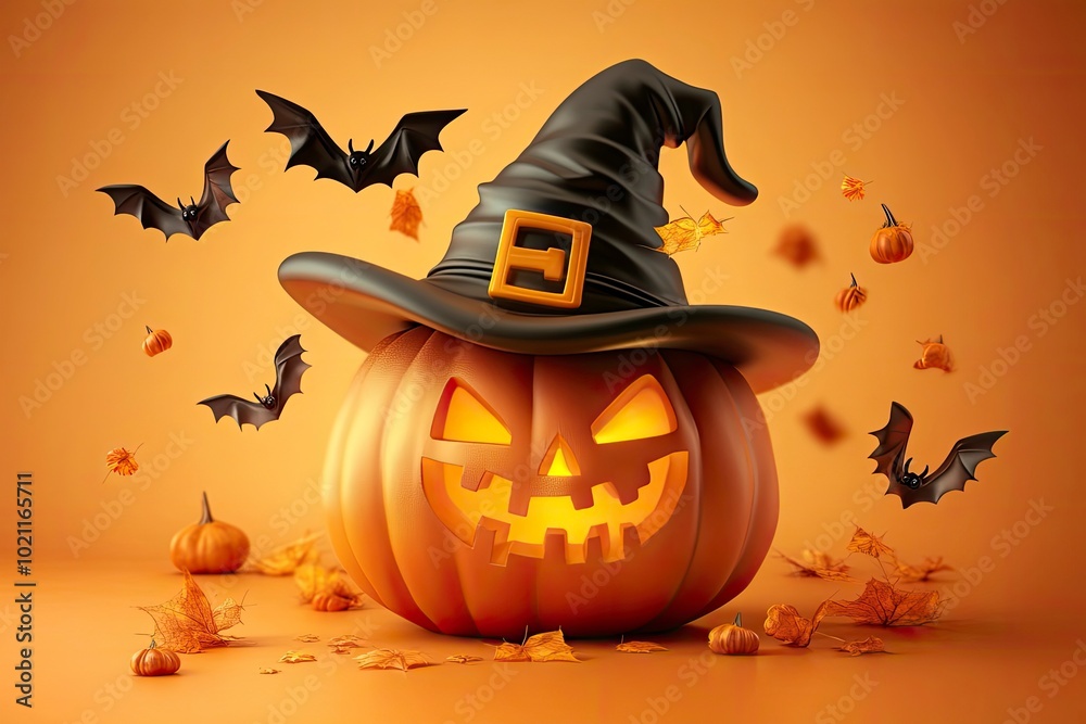 Pumpkin with a monster in a hat, bats, 3D. Orange banner for Happy Halloween celebration concepts. Vector illustration. with generative ai Pumpkin with a monster in a hat, bats, 3D. Orange banner for Happy Halloween celebration concepts. Vector illustration. with generative ai