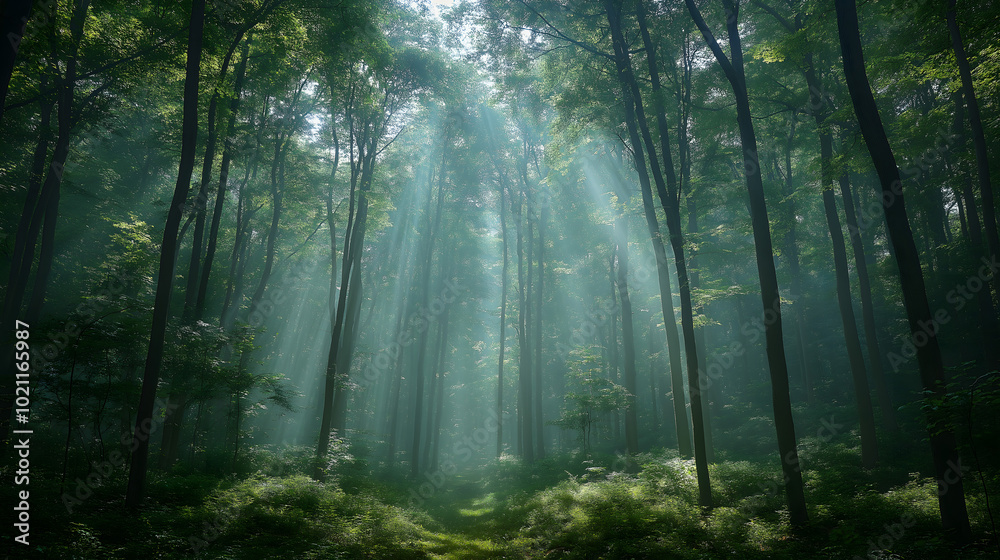 Obraz premium 清晨阳光透过绿色茂密的森林
