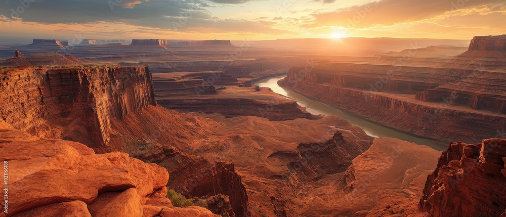 Stunning sunset over a winding river carving through a breathtaking canyon landscape. Stunning sunset over a winding river carving through a breathtaking canyon landscape.