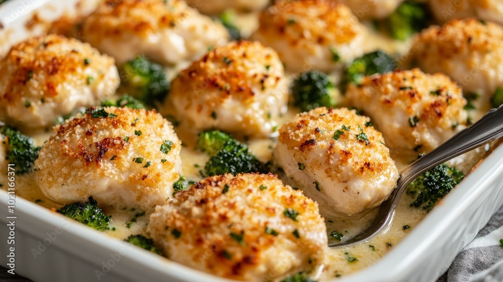 A close-up of a baking dish filled with chicken breasts and broccoli florets, coated in a creamy sauce and topped with breadcrumbs. The dish is ready to be served. A close-up of a baking dish filled with chicken breasts and broccoli florets, coated in a creamy sauce and topped with breadcrumbs. The dish is ready to be served.