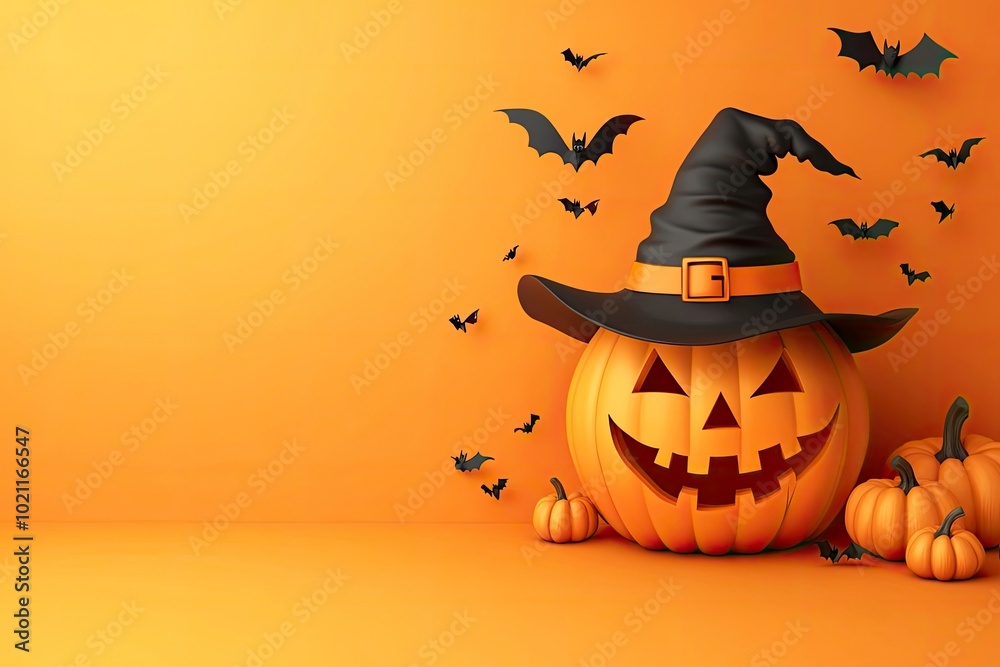 Pumpkin with a monster in a hat, bats, 3D. Orange banner for Happy Halloween celebration concepts. Vector illustration. with generative ai