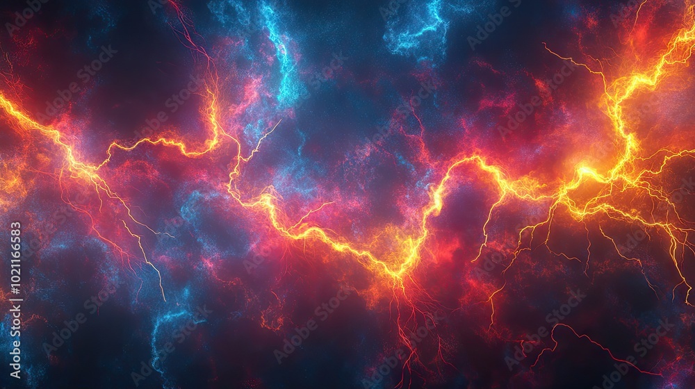 A vibrant abstract representation of lightning bolts illuminating a colorful cosmic background. A vibrant abstract representation of lightning bolts illuminating a colorful cosmic background.
