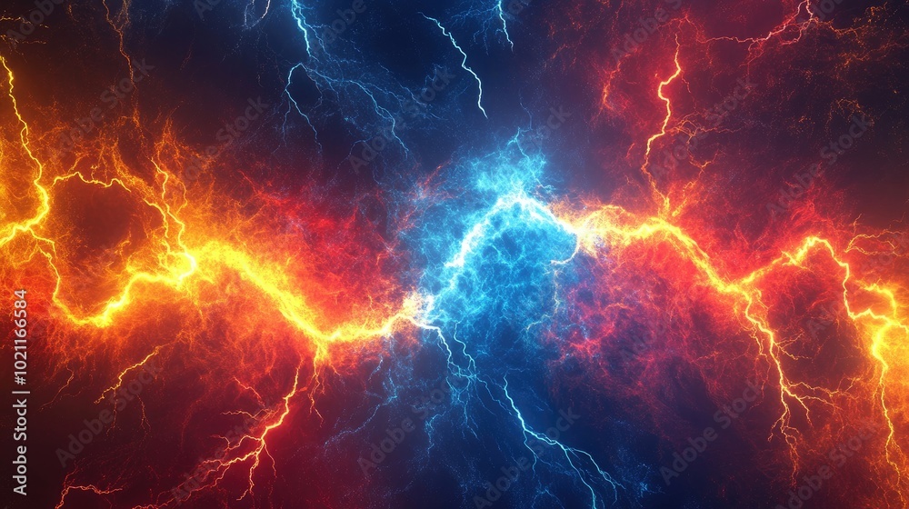 Dynamic abstract illustration of electric currents in vibrant red, orange, and blue hues. Dynamic abstract illustration of electric currents in vibrant red, orange, and blue hues.