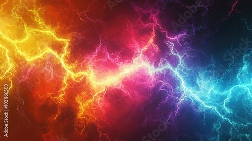 A vibrant display of electric energy in bold colors, showcasing intertwining yellow, pink, and blue lightning bolts.