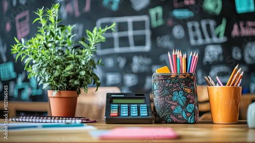 Desk with School Supplies, Plant, and Calculator photo