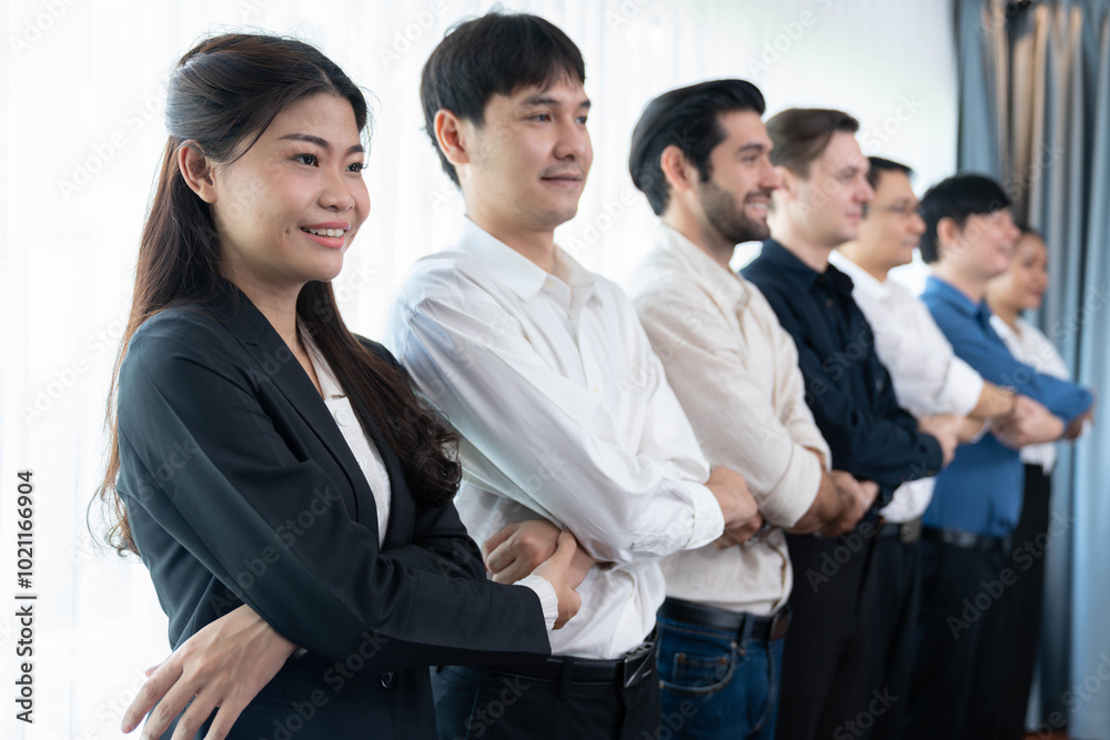 Business team standing, join and link hand together in line symbolize successful business partnership and professional synergy with diverse culture group people cooperation. Prudent Business team standing, join and link hand together in line symbolize successful business partnership and professional synergy with diverse culture group people cooperation. Prudent