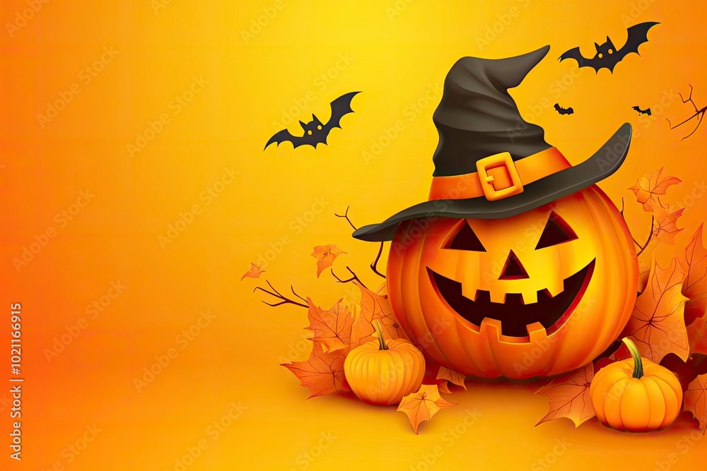 Pumpkin with a monster in a hat, bats, 3D. Orange banner for Happy Halloween celebration concepts. Vector illustration. with generative ai Pumpkin with a monster in a hat, bats, 3D. Orange banner for Happy Halloween celebration concepts. Vector illustration. with generative ai