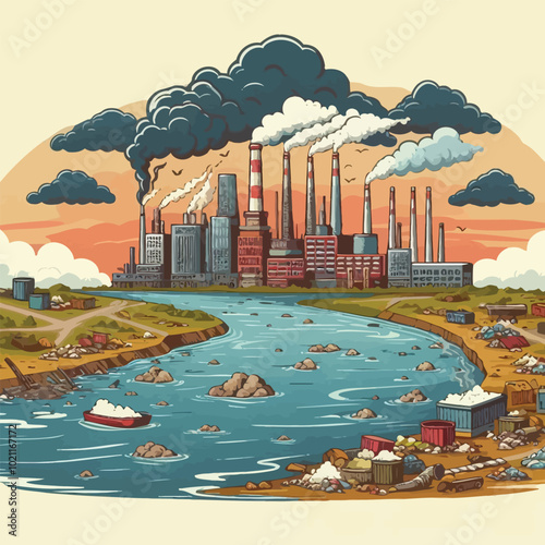 polluted river with factories on its banks, discharging waste into the water illustration 