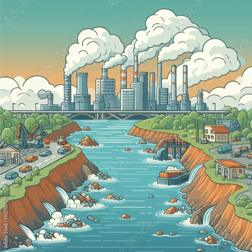 polluted river with factories on its banks, discharging waste into the water illustration 