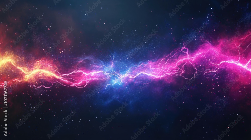 Fototapeta premium A vibrant cosmic scene featuring swirling colors of purple, pink, and blue, with electric bolts illuminating the dark space.