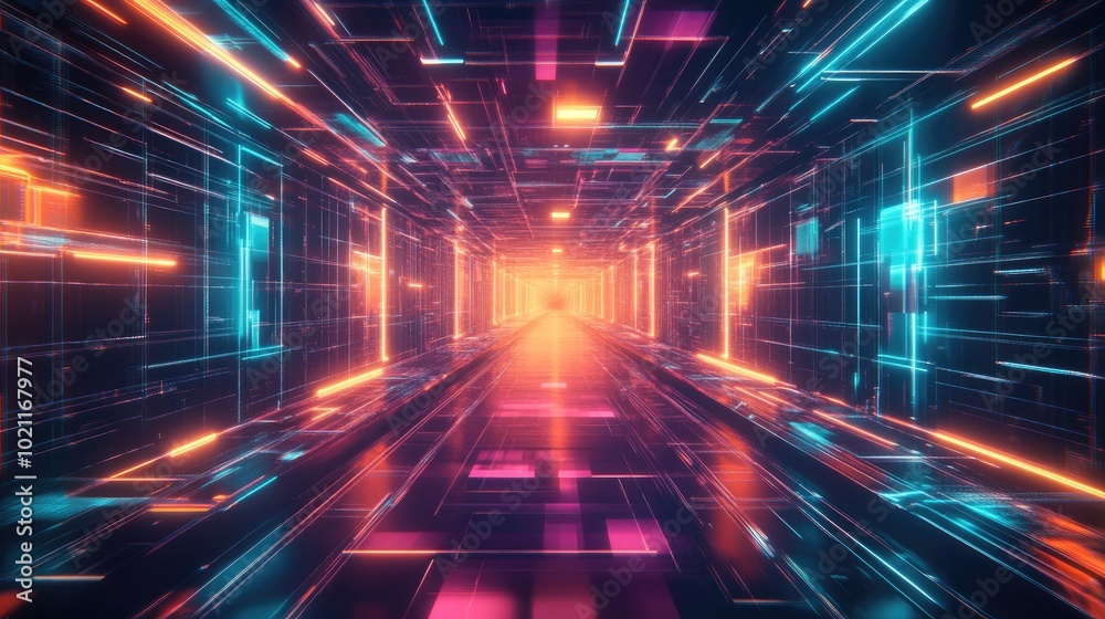 A mesmerizing futuristic tunnel illuminated with neon blue and orange lights, creating a sense of depth and movement. A mesmerizing futuristic tunnel illuminated with neon blue and orange lights, creating a sense of depth and movement.