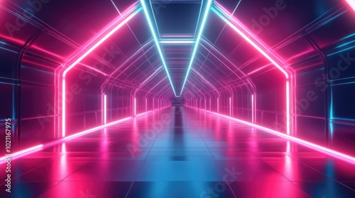 Futuristic illuminated corridor featuring vibrant pink and blue neon lights.