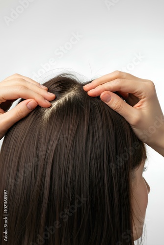 女性。頭皮のクローズアップ。頭頂部。薄毛。白背景｜Women. Close-up of scalp. Parietal. Thinning hair. White Background photo