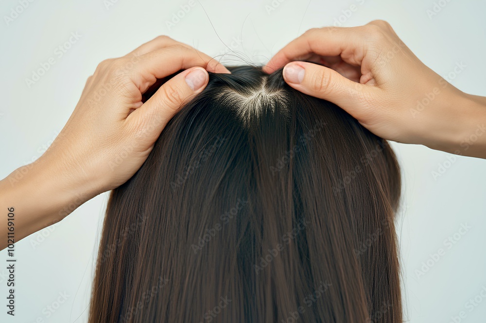 Naklejka premium 女性。頭皮のクローズアップ。頭頂部。薄毛。白背景｜Women. Close-up of scalp. Parietal. Thinning hair. White Background