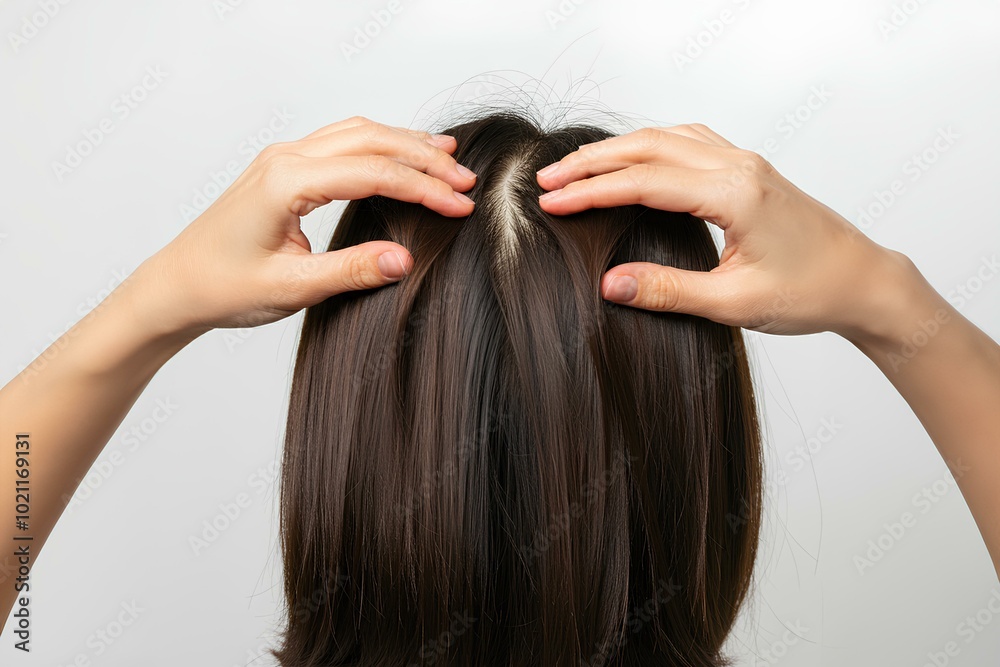 女性。頭皮のクローズアップ。頭頂部。薄毛。白背景|Women. Close-up of scalp. Parietal. Thinning hair. White Background 女性。頭皮のクローズアップ。頭頂部。薄毛。白背景|Women. Close-up of scalp. Parietal. Thinning hair. White Background