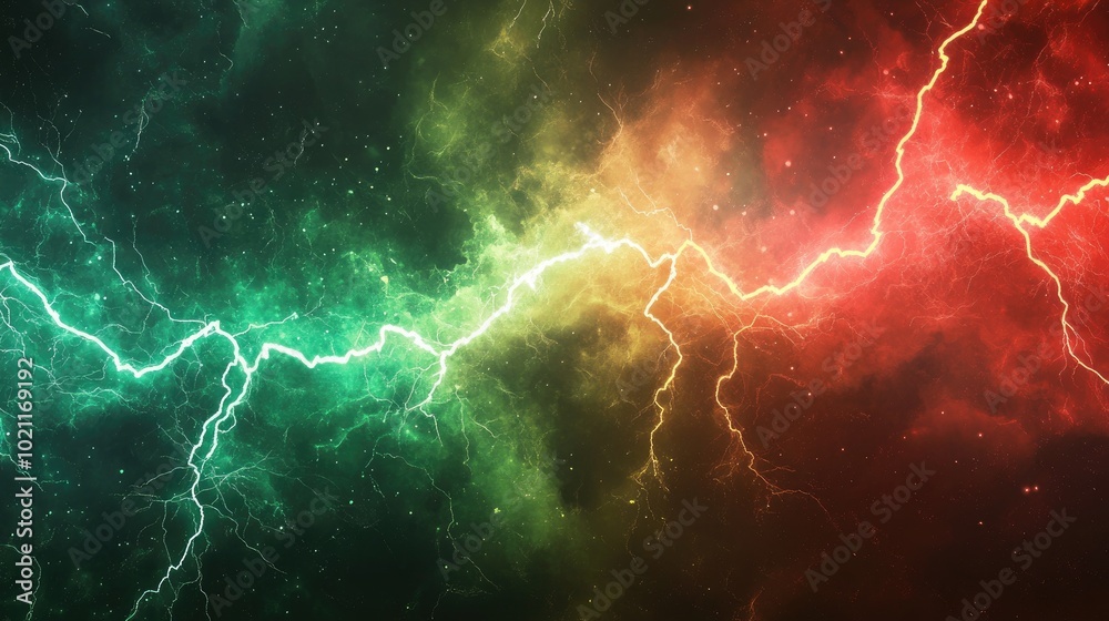 A vibrant cosmic scene featuring green and red lightning bolts against a colorful nebulous background. A vibrant cosmic scene featuring green and red lightning bolts against a colorful nebulous background.