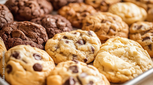 Close-up of classic soft and chewy chocolate chip cookies in a tray. The round shape makes the cookies look more classic.