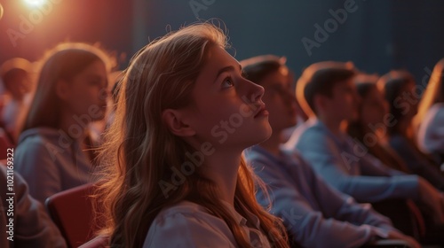 Young Woman in a Crowd, Attentively Listening to a Presentation photo