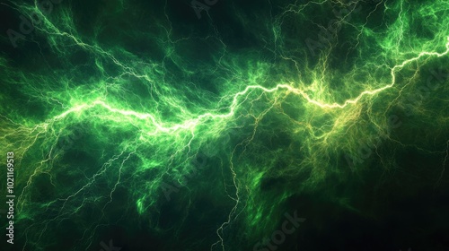 A stunning display of vibrant green and yellow lightning illuminating a dark, atmospheric background.