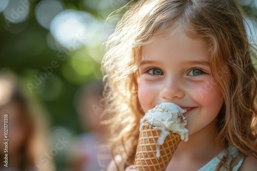 A cheerful young girl with curly hair smiles while holding a cone filled with delicious ice cream on a bright day. The background features blurred figures of children playing in a lush, green park.