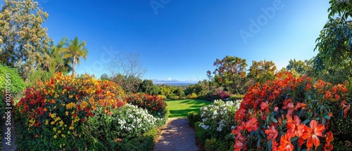 Fototapeta Naklejka Na Ścianę i Meble -  A vibrant garden landscape with colorful blooming flowers under a clear blue sky.