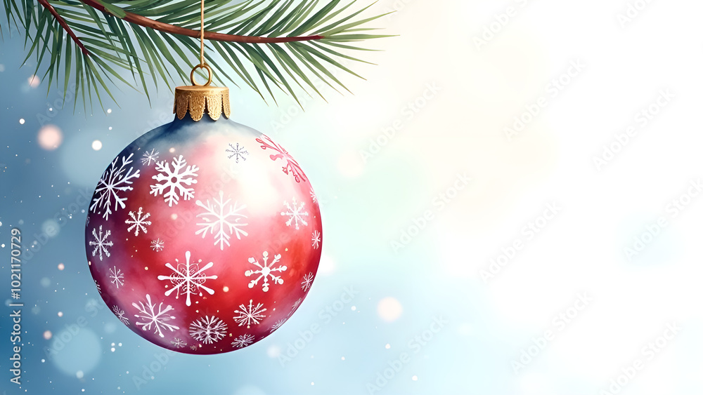 New Year's card with a large painted red Christmas ball hanging on a Christmas tree branch on a light background on the right there is a lot of space for text New Year's card with a large painted red Christmas ball hanging on a Christmas tree branch on a light background on the right there is a lot of space for text
