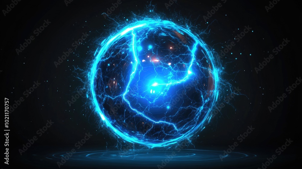 Obraz premium A stunning blue energy orb glowing with electric bolts, set against a dark background, creating a mesmerizing and dynamic visual effect.