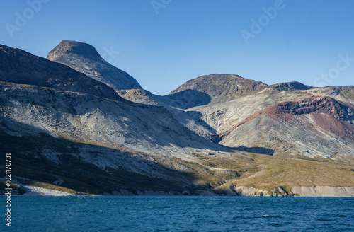 View of Eriksfjord fjord and the town of Narsaq in south Greenland photo