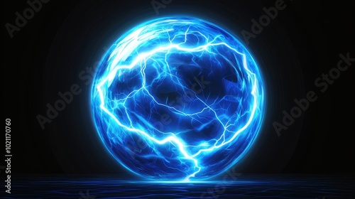 A glowing blue orb with electric arcs, radiating vibrant light against a dark background.