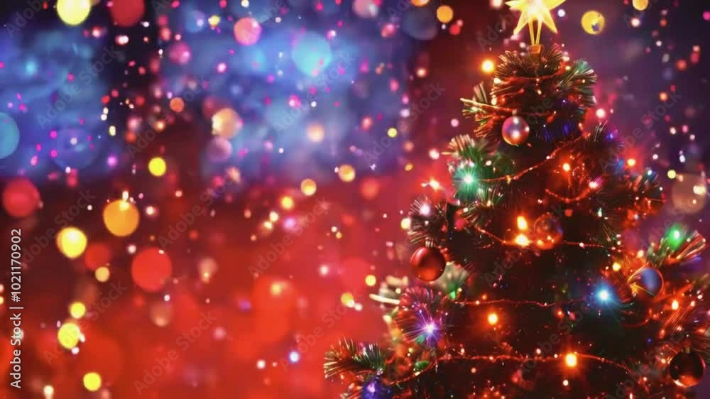 An colorful ornaments Christmas tree rotate and glow while bokeh lights sparkle red canvas backdrop. The lights could pulse and shift in brightness, Lively feel, 4k background Animation Video