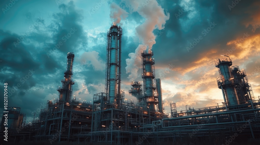 A dramatic sunset illuminates an industrial complex, with smokestacks releasing steam against a colorful sky. A dramatic sunset illuminates an industrial complex, with smokestacks releasing steam against a colorful sky.